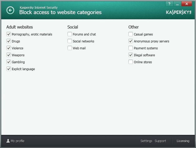 Kaspersky Internet Security 2014 kategorije filtriranja sadržaja