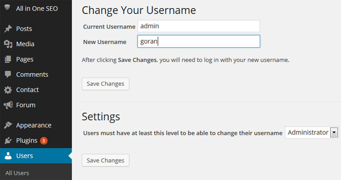 WordPress Plugin promeni korisničko ime